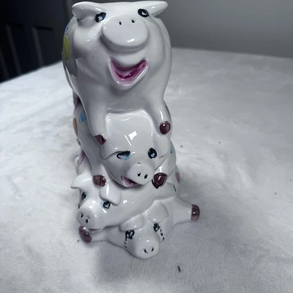 Ceramic Piggy Coin Bank Stacked Three‎ Pigs Colorful Polka Dot White Taiwan